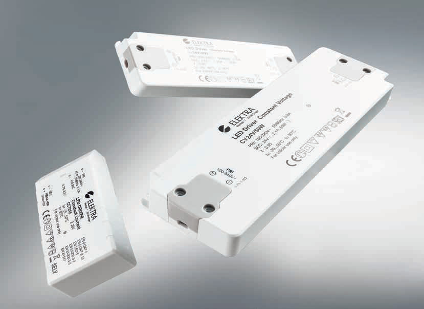 Drei verschiedene LED-Treiber von ELEKTRA liegen auf einem hellen Hintergrund und verdeutlichen effiziente Lichtlösungen.