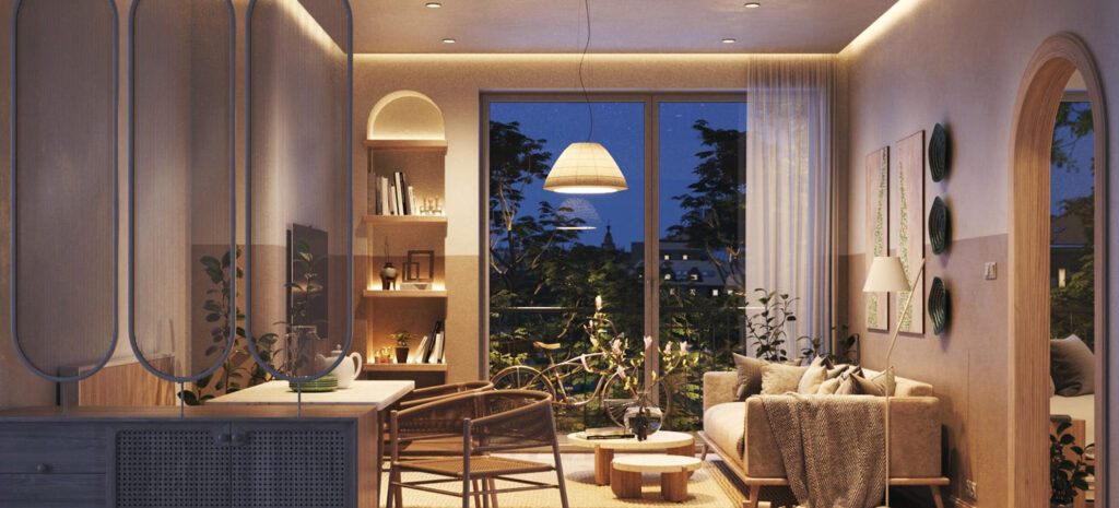 Ein stilvolles Wohnzimmer mit sanfter Beleuchtung, Pflanzen und gemütlichen Möbeln schafft ein harmonisches Wohn-Milieu.