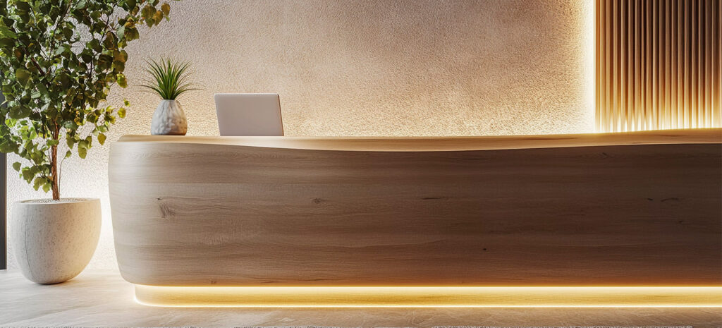 Moderne Hotelrezeption mit warmem Licht, einer Holztheke und grünen Pflanzen, die eine einladende Atmosphäre schaffen.