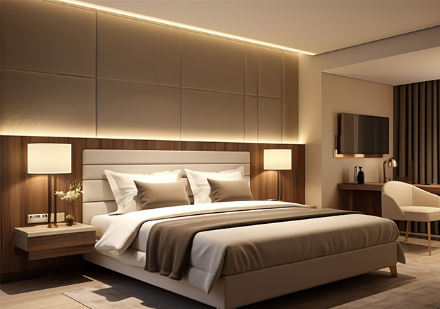 Ein stilvolles Hotelzimmer mit einem gemütlichen Bett, eleganter Beleuchtung und moderner Einrichtung schafft eine einladende Atmosphäre.