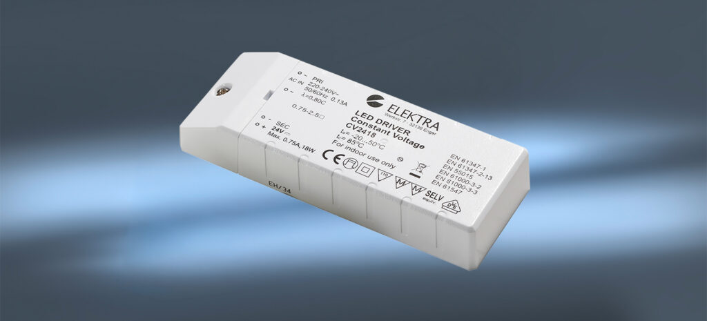 Der CV2418-Hauptbild zeigt einen eleganten LED-Treiber von ELEKTRA, ideal für effiziente Lichtsysteme.