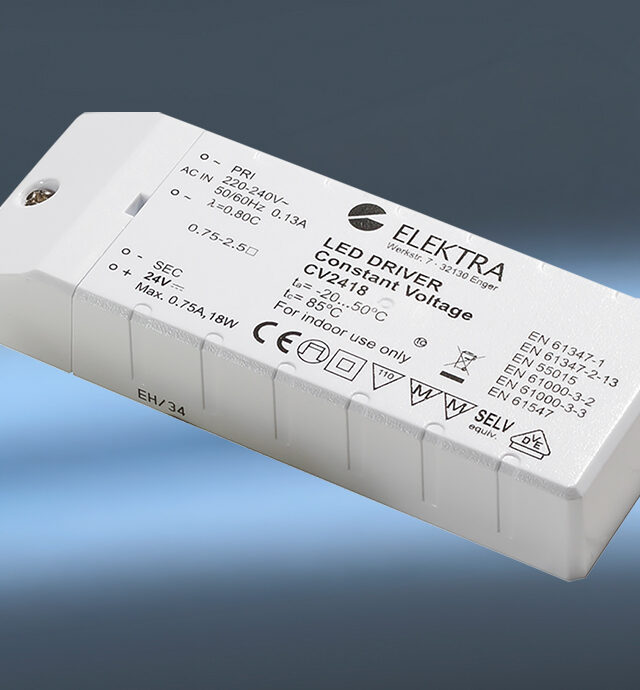 Der CV2418-Hauptbild zeigt einen eleganten LED-Treiber von ELEKTRA, ideal für effiziente Lichtsysteme.