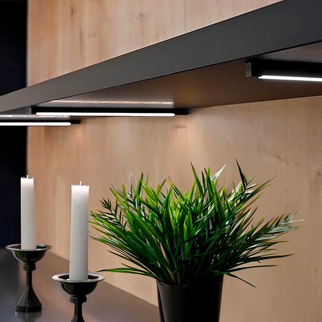 Regalbretter mit Deko-Kerzen und einer Grünpflanze an einer hellen Holzwand. An dem oberen Regal sind Leuchten befestigt, welche die Dekorationselemente beleuchten.