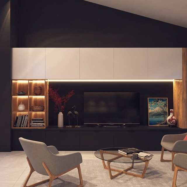 Modernes Wohnzimmer mit stilvollen Möbeln, sanfter Beleuchtung und einem Fernseher als zentralem Element