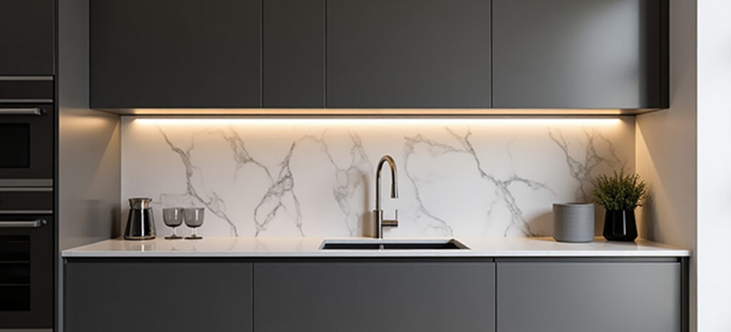 Graue Küchenfront mit weißer marmorierter Nischenverkleidung und modernen Spülarmaturen. Der Spritzschutz wird von einem durchgehenden Lichtband an den Oberschränken beleuchtet.