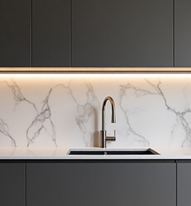 Graue Küchenfront mit weißer marmorierter Nischenverkleidung und modernen Spülarmaturen. Der Spritzschutz wird von einem durchgehenden Lichtband an den Oberschränken beleuchtet.